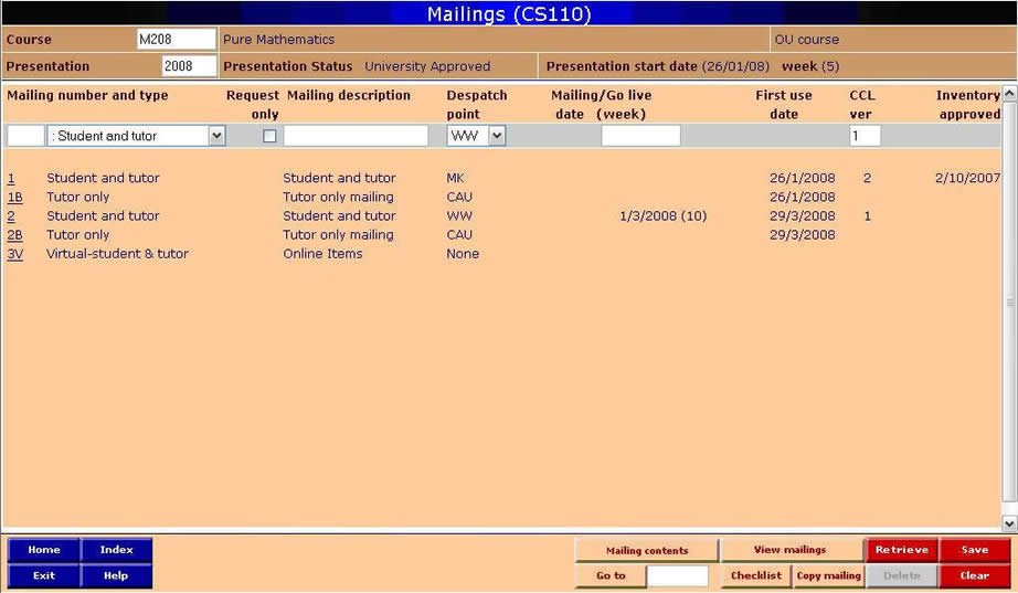 Mailings screen (CS110)